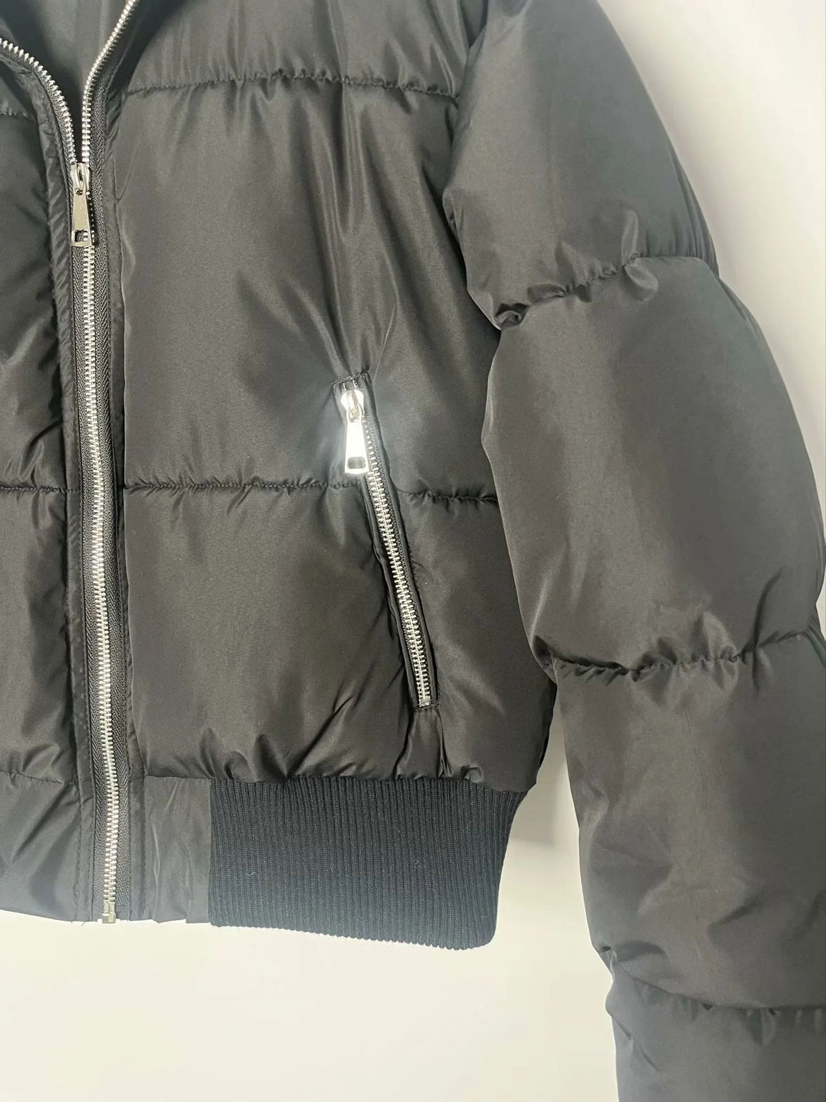 Cropped Puffer Jacket With Knit Panels - Black - 10