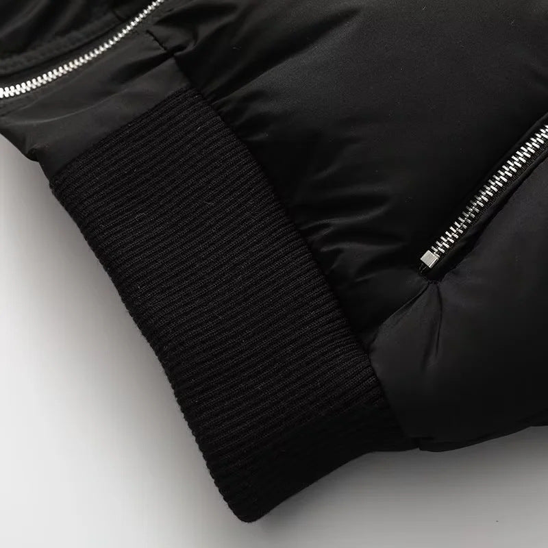 Cropped Puffer Jacket With Knit Panels - Black - 3