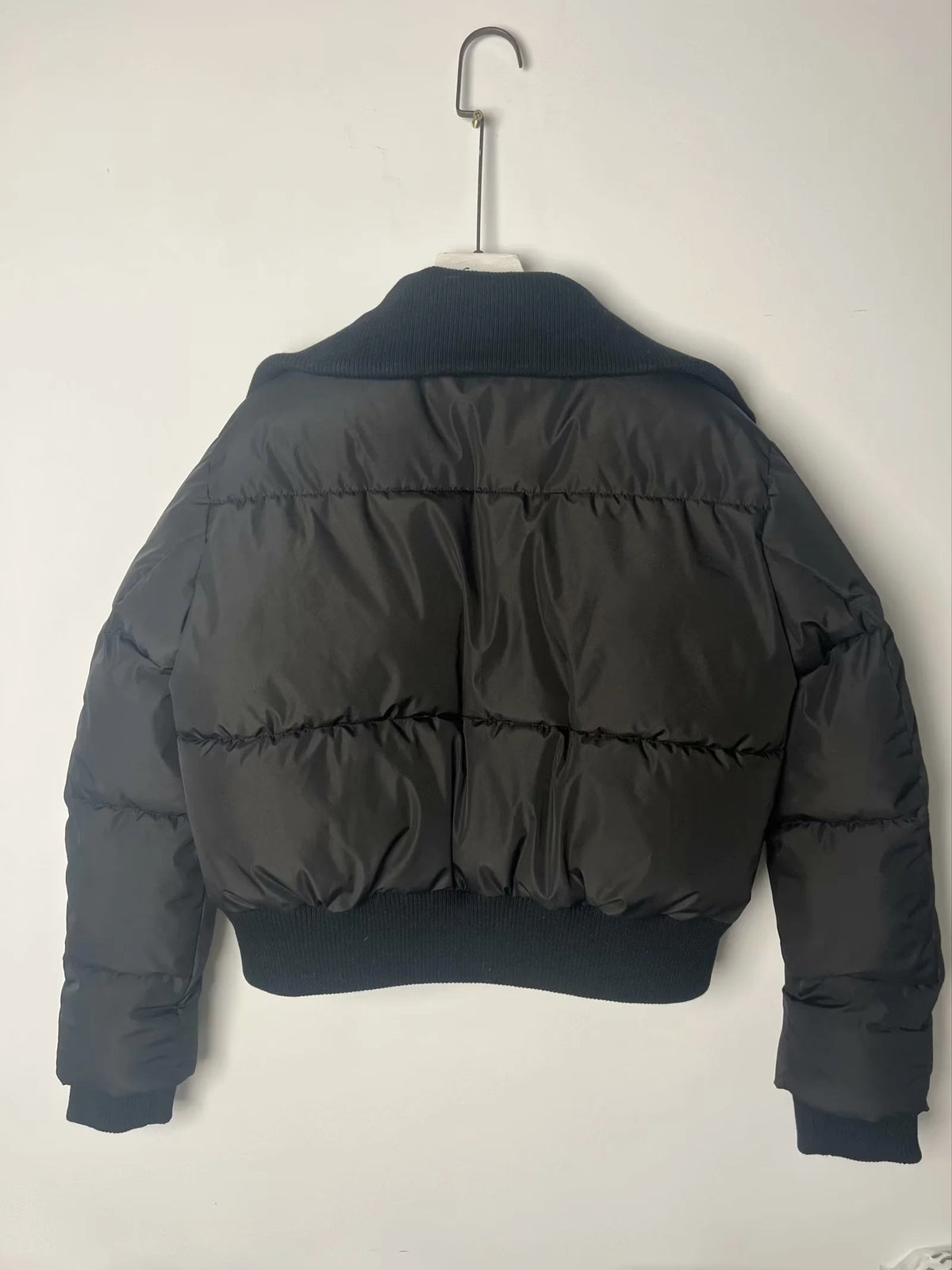 Cropped Puffer Jacket With Knit Panels - Black - 8