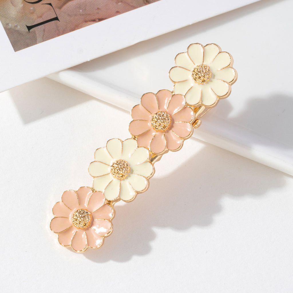 Enamel Daisy Flower Duckbill Hair Clip - Pink_White