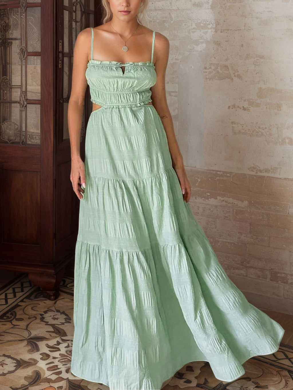 Shirred Cutout Waist Tiered Maxi Dress - Green