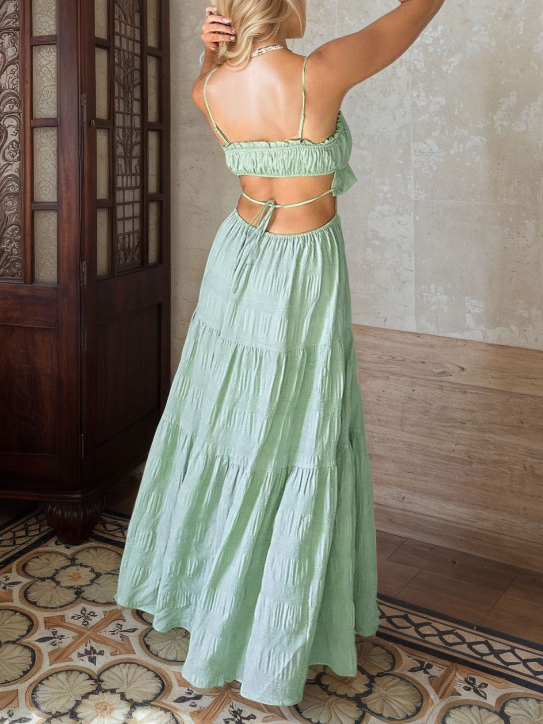 Shirred Cutout Waist Tiered Maxi Dress - Green - 3