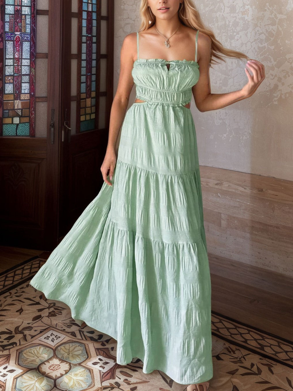 Shirred Cutout Waist Tiered Maxi Dress - Green - 4