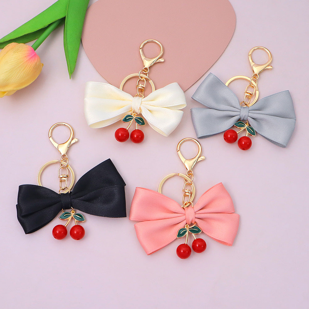 Satin Bow Cherry Charm Keychain