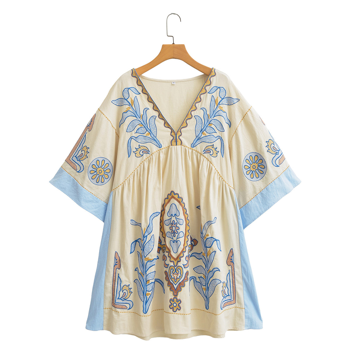 Embroidered V Neck Babydoll Mini Dress - Blue