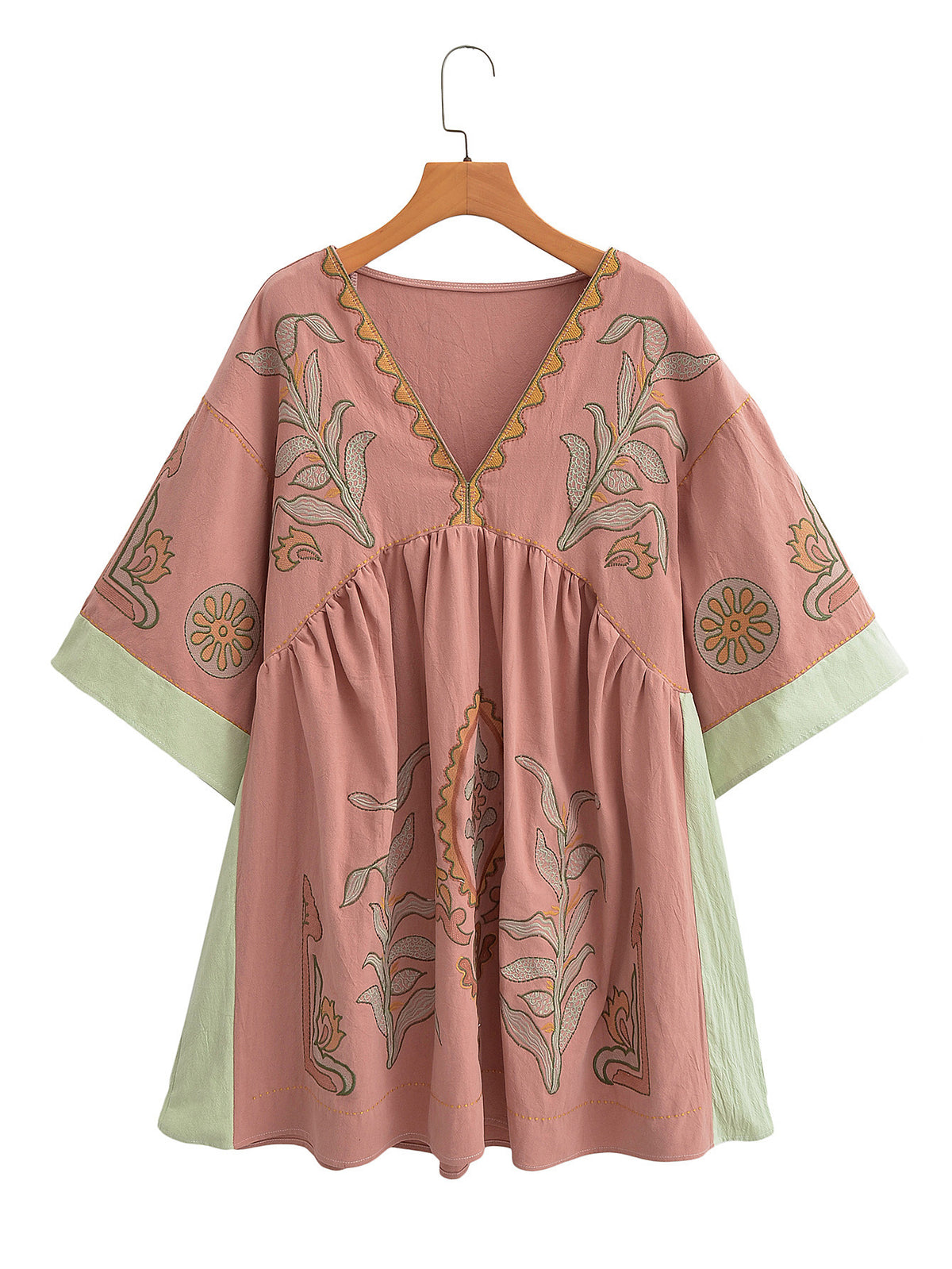 Embroidered V Neck Babydoll Mini Dress - Pink