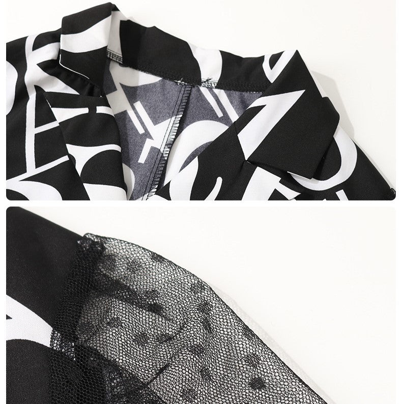 Belted Letter Print Dress With Mesh Sleeves - Black - 3