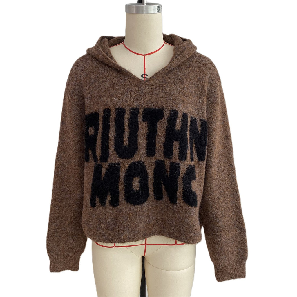 Fuzzy Hooded Knit Sweater With Bold Lettering - Brown
