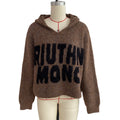 Fuzzy Hooded Knit Sweater With Bold Lettering - Brown