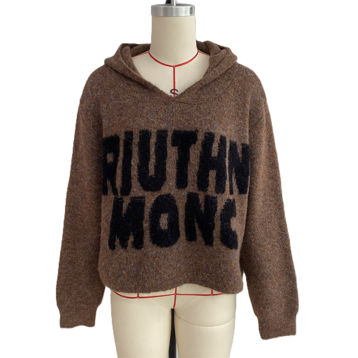 Fuzzy Hooded Knit Sweater With Bold Lettering - Brown
