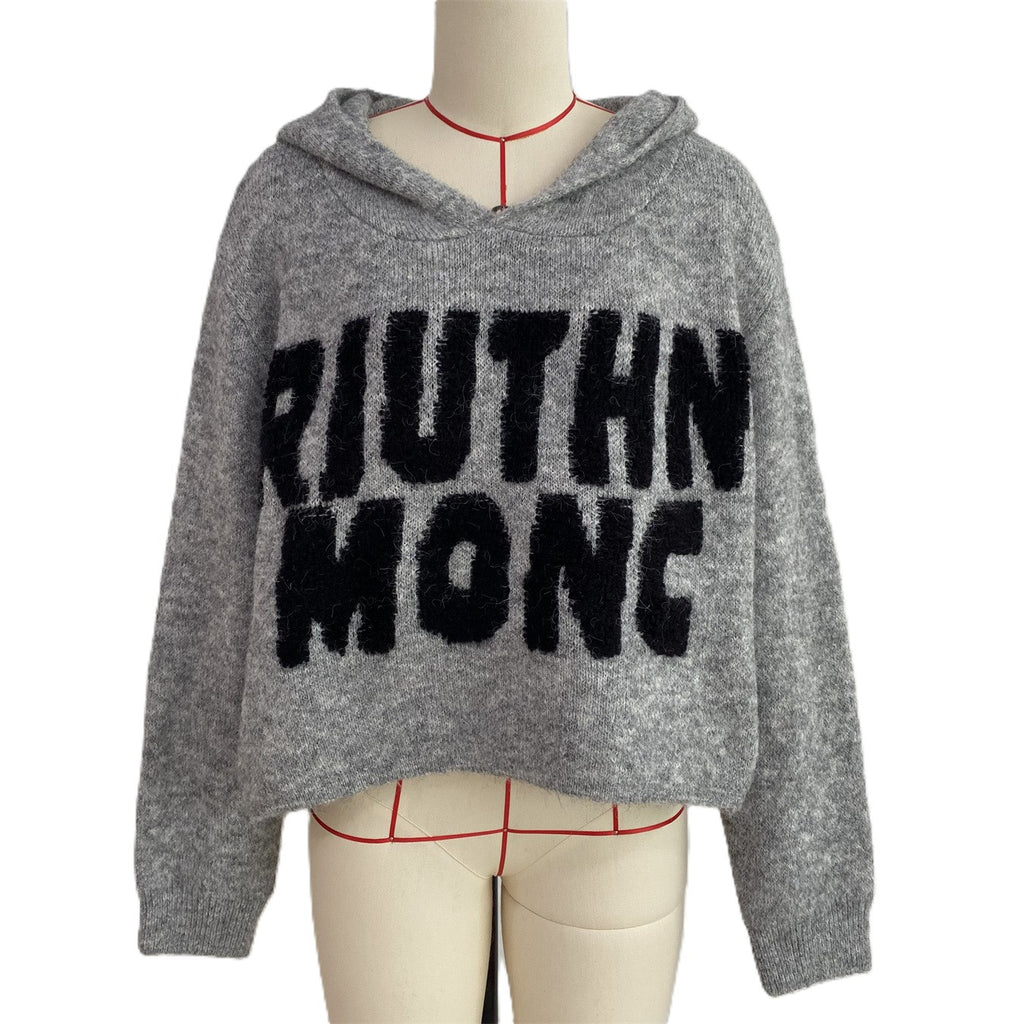 Fuzzy Hooded Knit Sweater With Bold Lettering - Grey