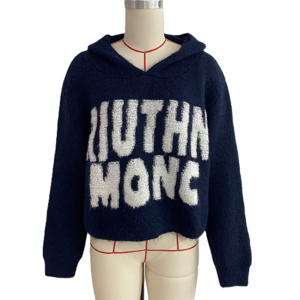 Fuzzy Hooded Knit Sweater With Bold Lettering - Navy