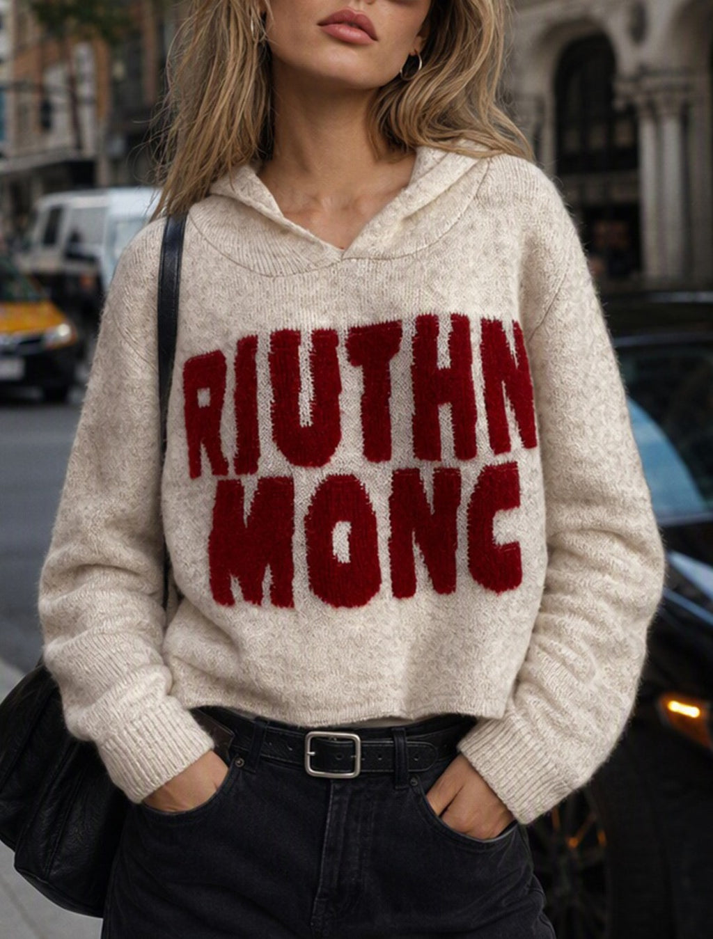 Fuzzy Hooded Knit Sweater With Bold Lettering - White