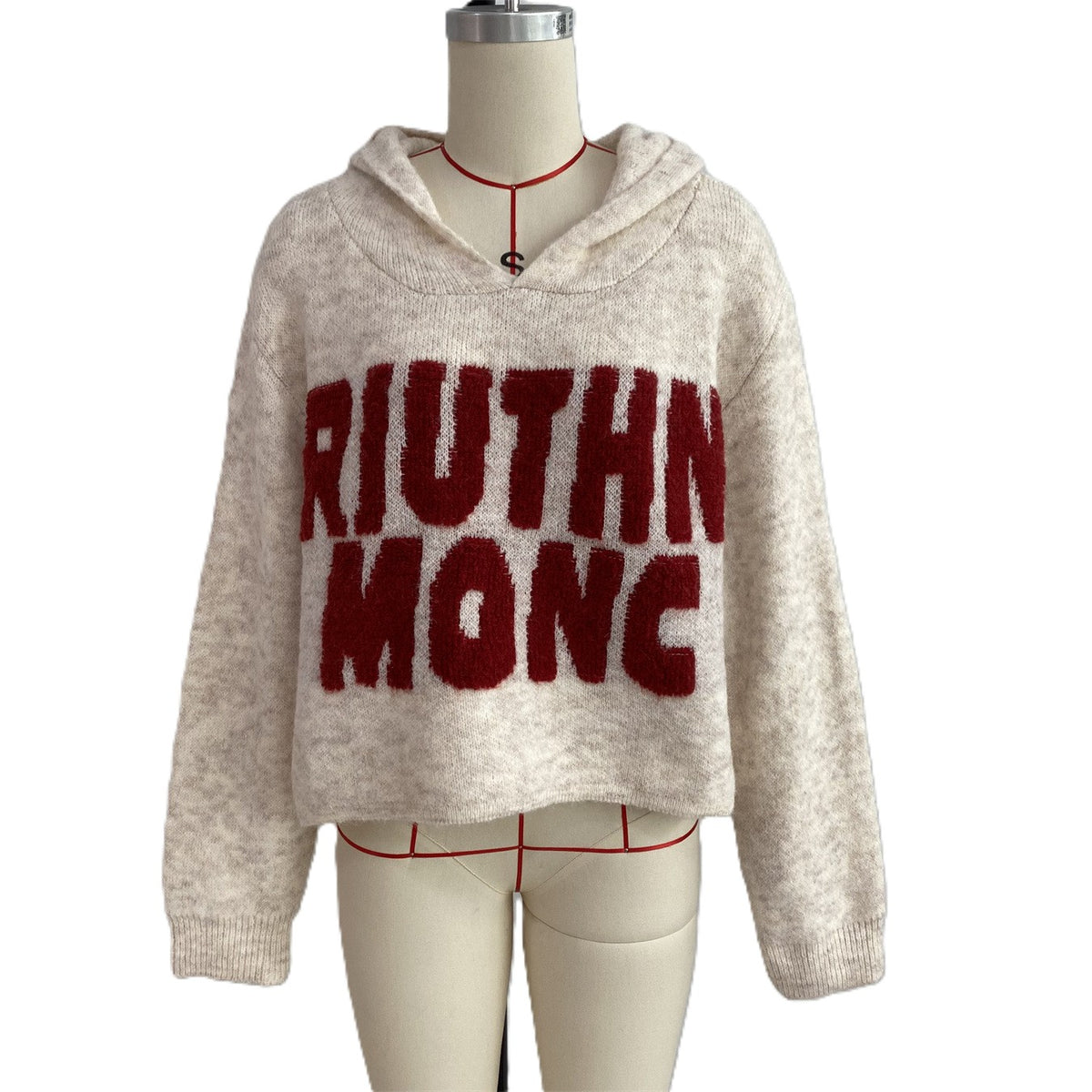 Fuzzy Hooded Knit Sweater With Bold Lettering - White - 1