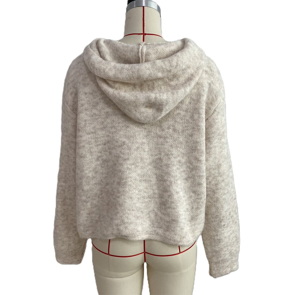 Fuzzy Hooded Knit Sweater With Bold Lettering - White - 2