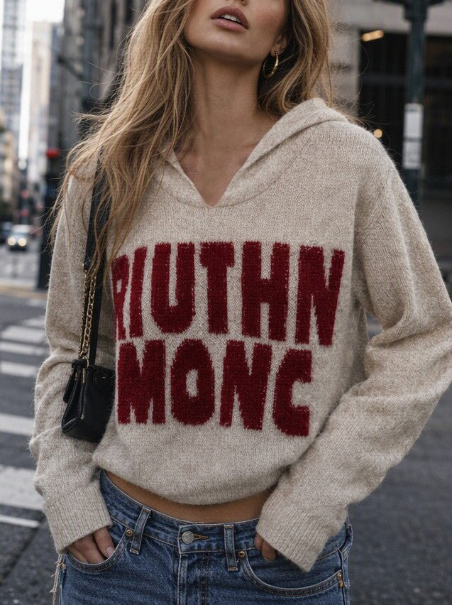 Fuzzy Hooded Knit Sweater With Bold Lettering - White - 3