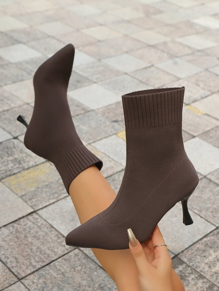 Pointed Stiletto Knit Sock Booties - Coffee