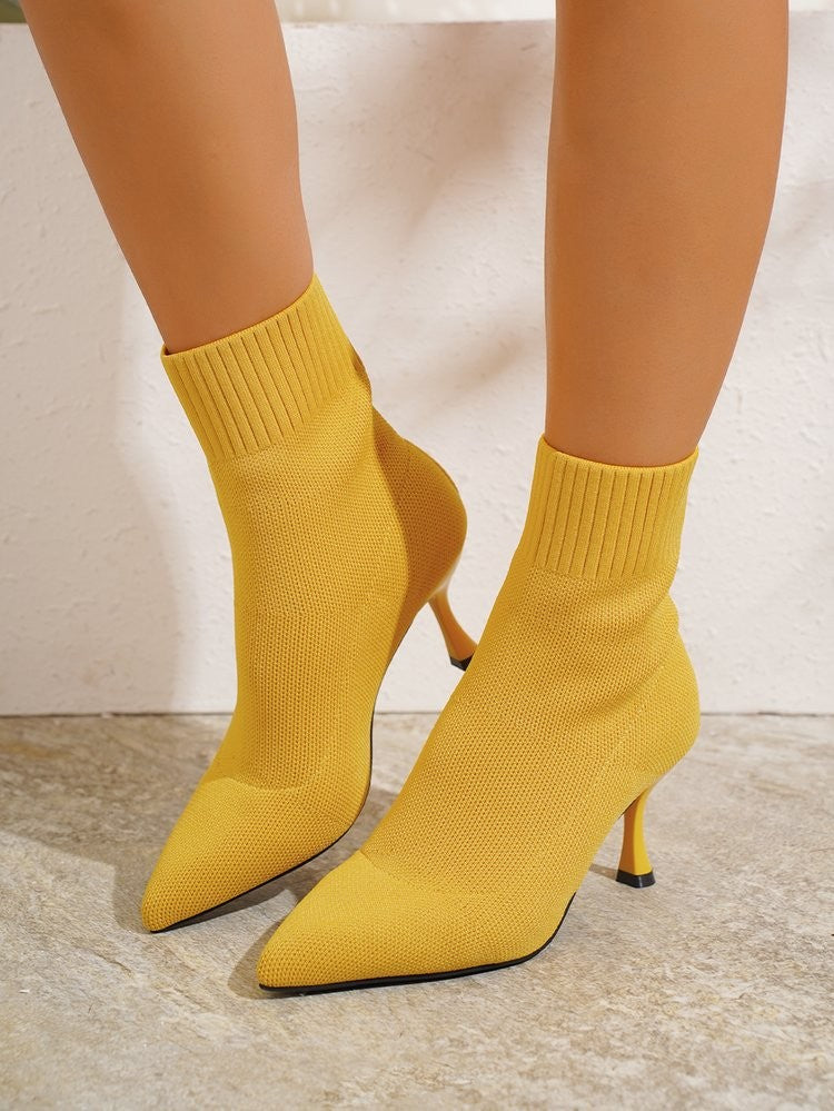 Pointed Stiletto Knit Sock Booties - Mustard