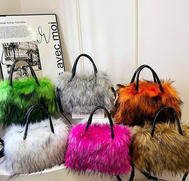 Fluffy Plush Crossbody Bag With Top Handles - Yellow