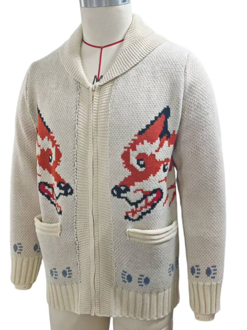 Vintage Fox Motif Zip Front Cardigan - Beige