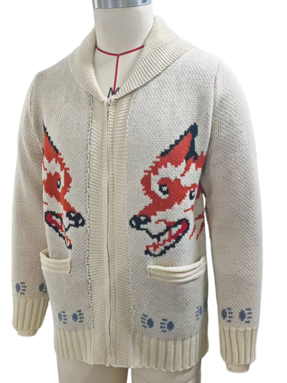 Vintage Fox Motif Zip Front Cardigan - Beige
