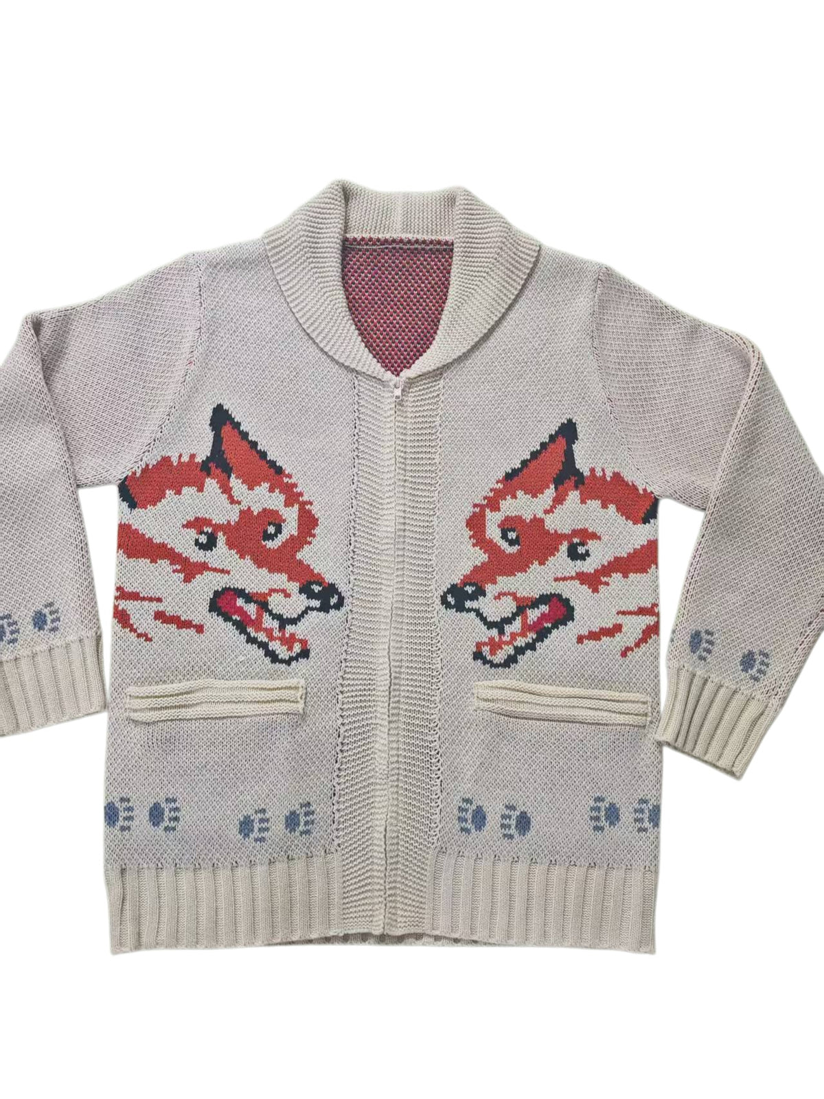 Vintage Fox Motif Zip Front Cardigan - Beige - 2