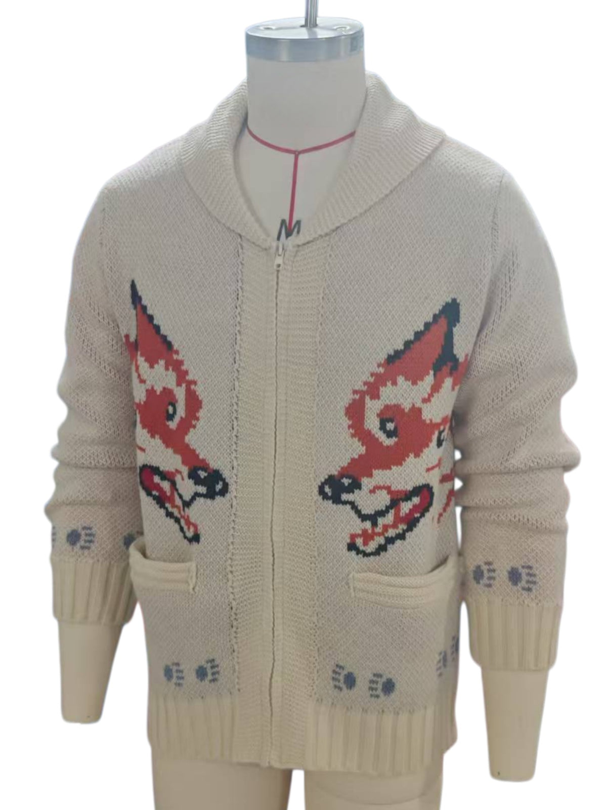 Vintage Fox Motif Zip Front Cardigan - Beige - 3