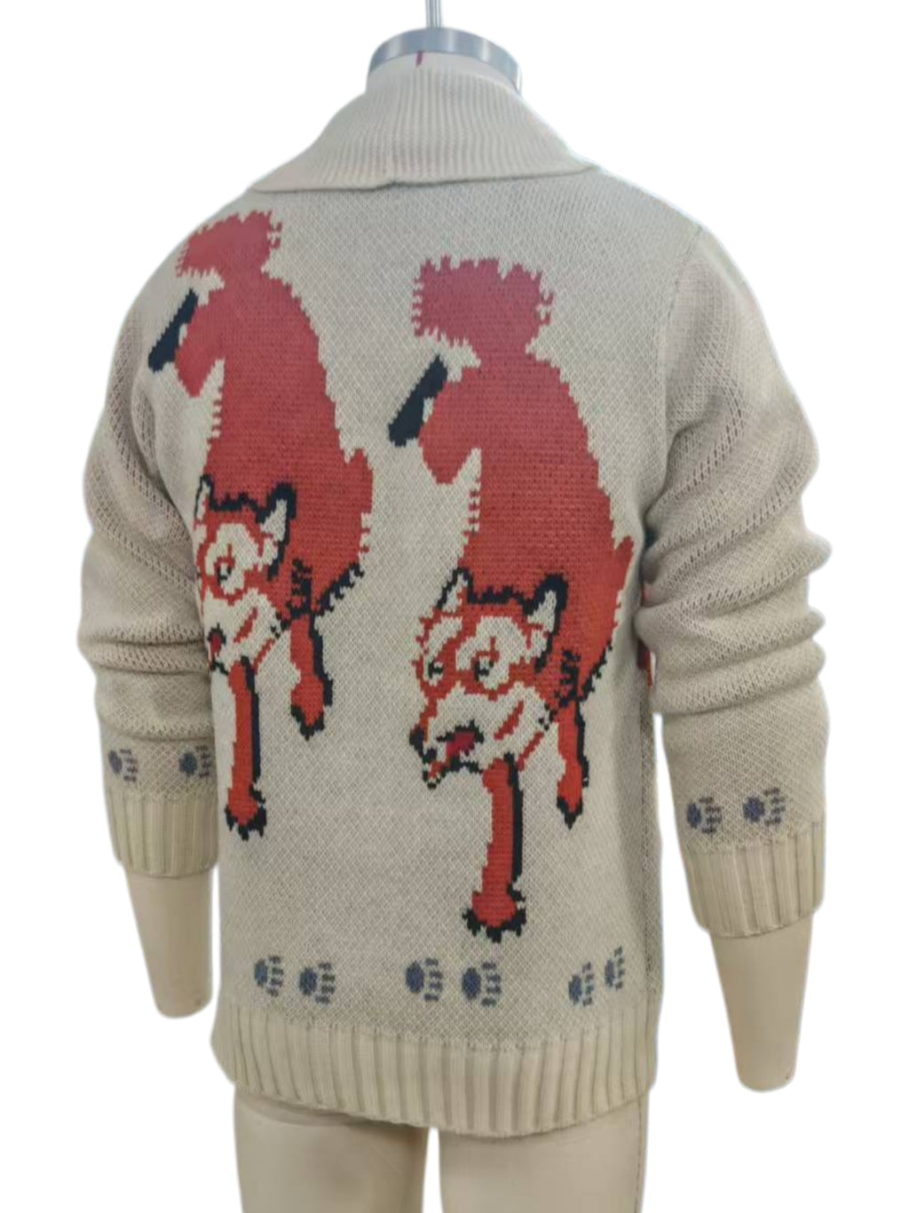 Vintage Fox Motif Zip Front Cardigan - Beige - 4