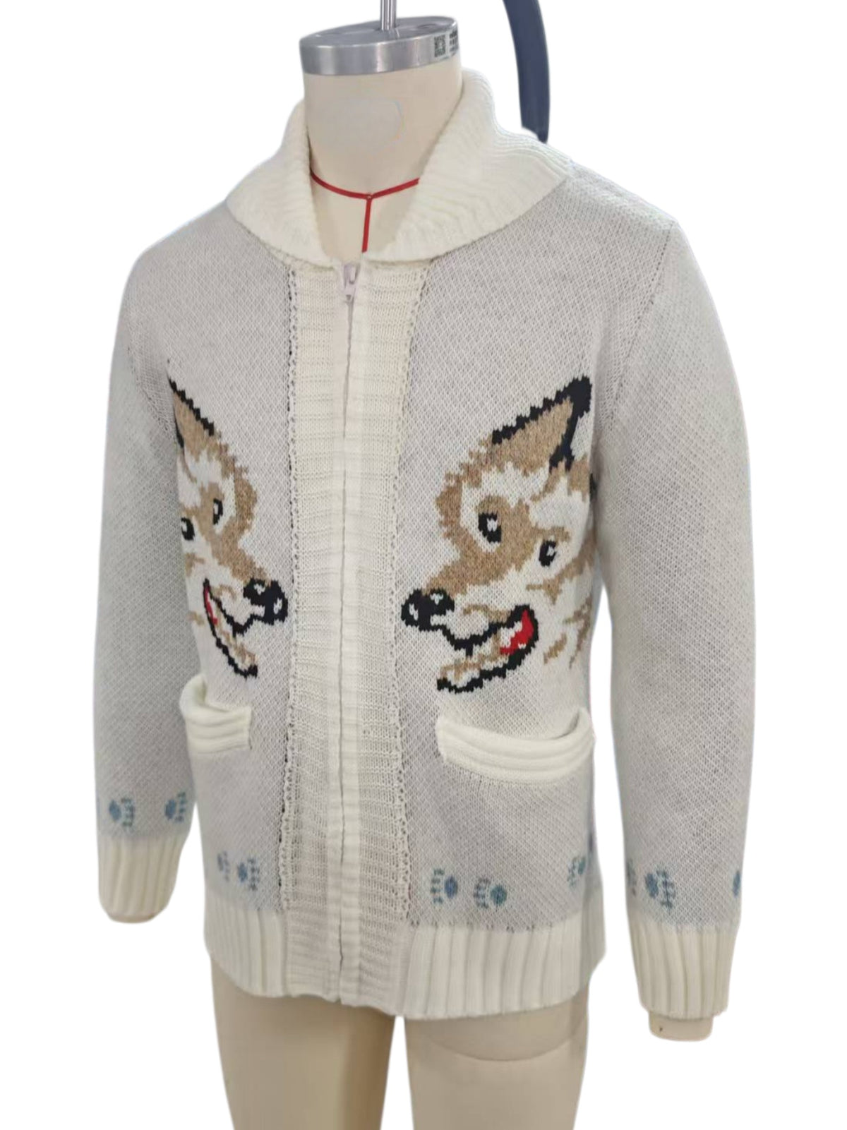 Vintage Fox Motif Zip Front Cardigan - OffWhite