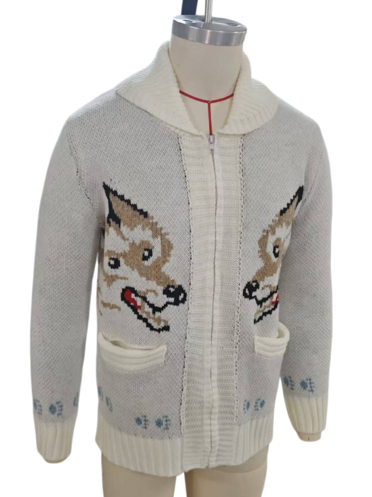 Vintage Fox Motif Zip Front Cardigan - OffWhite - 1