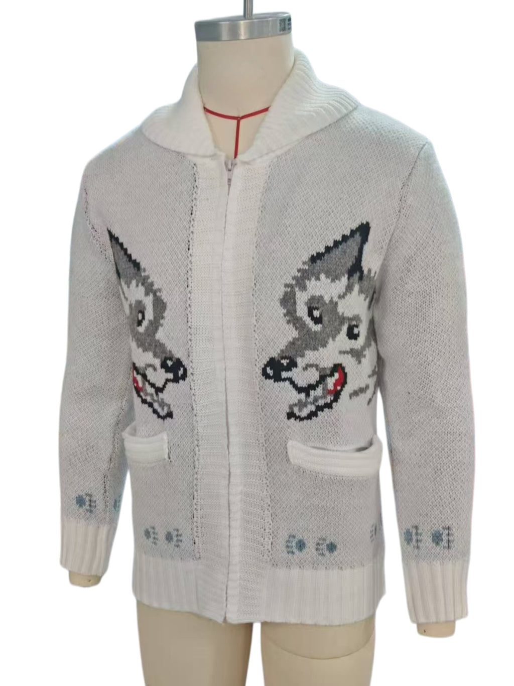Vintage Fox Motif Zip Front Cardigan - White