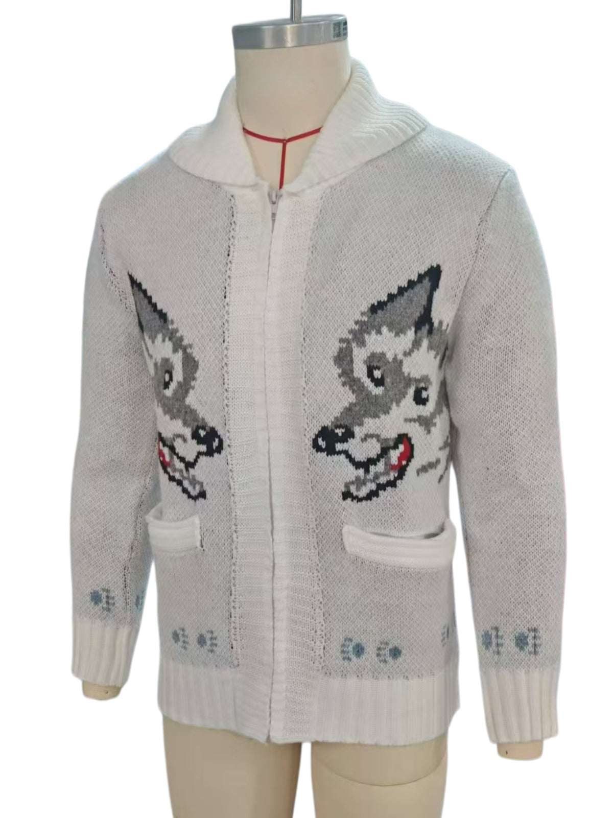 Vintage Fox Motif Zip Front Cardigan - White