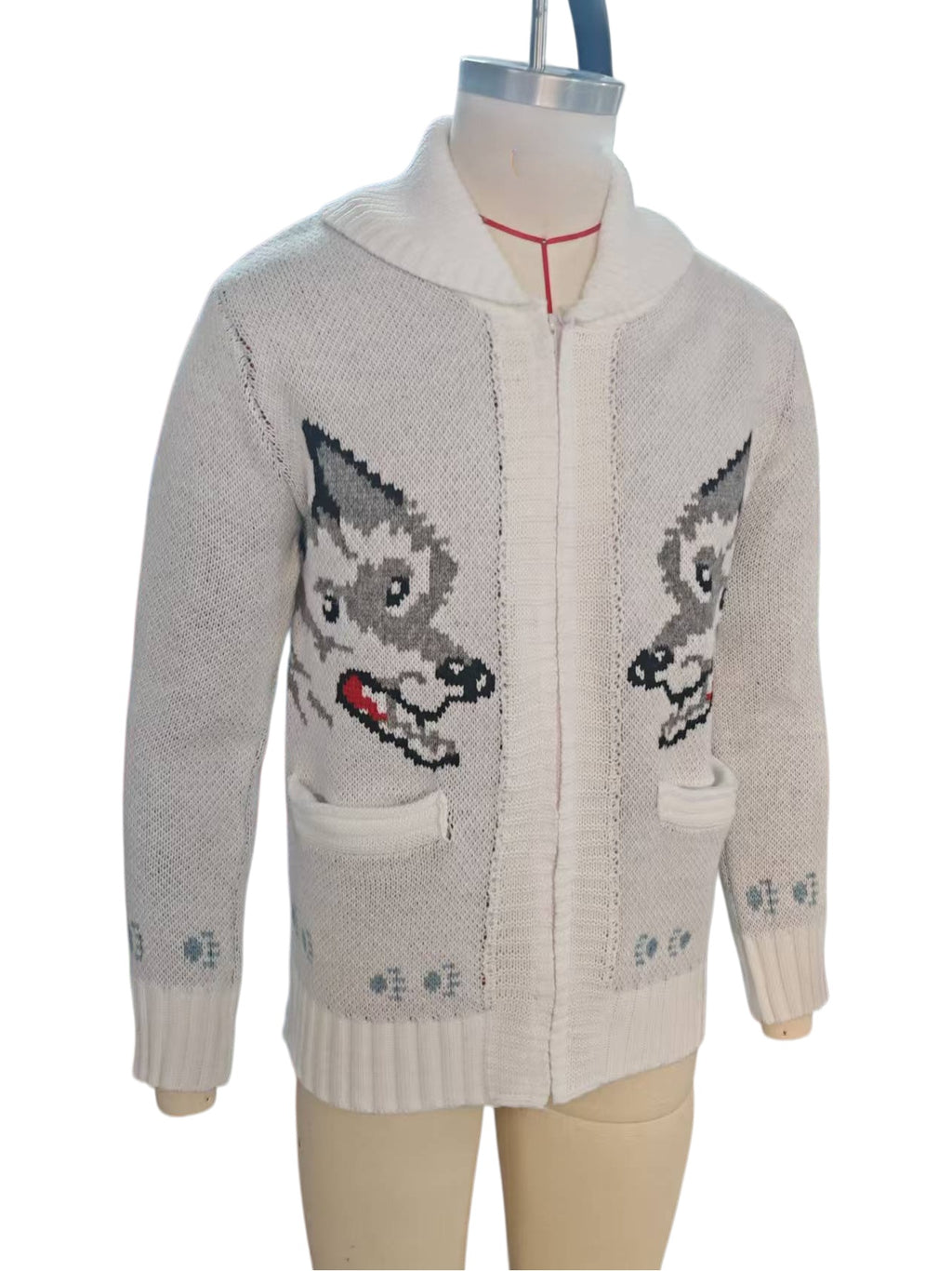 Vintage Fox Motif Zip Front Cardigan - White - 1
