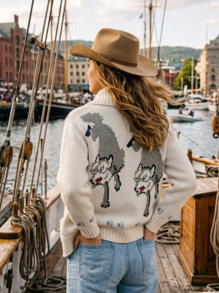 Vintage Fox Motif Zip Front Cardigan