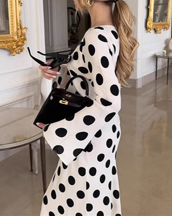 Polka Dot Flare Sleeve Maxi Dress - White - 1