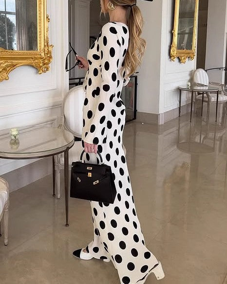 Polka Dot Flare Sleeve Maxi Dress - White - 2