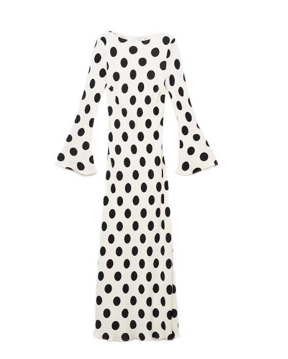 Polka Dot Flare Sleeve Maxi Dress - White - 3