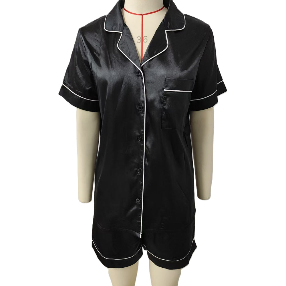 Satin Short Sleeve Pajama Set - Black - 1