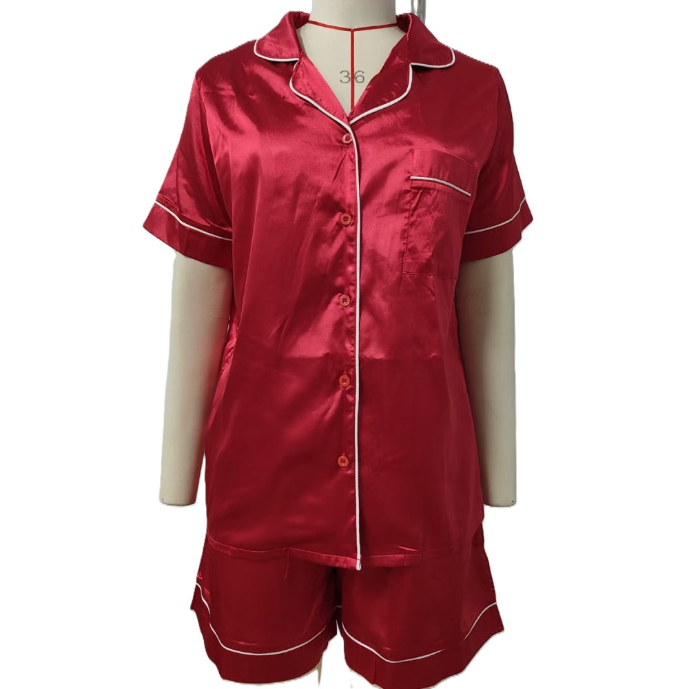 Satin Short Sleeve Pajama Set - Red