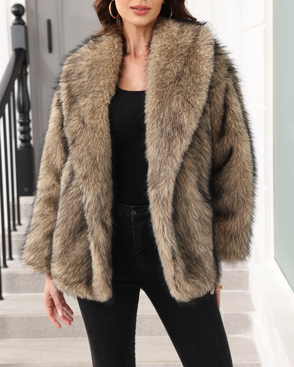 Belted Shawl Collar Faux Fur Coat - Curry