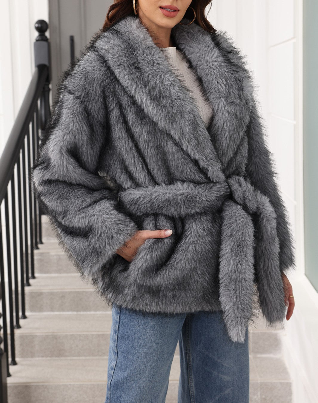 Belted Shawl Collar Faux Fur Coat - Grey