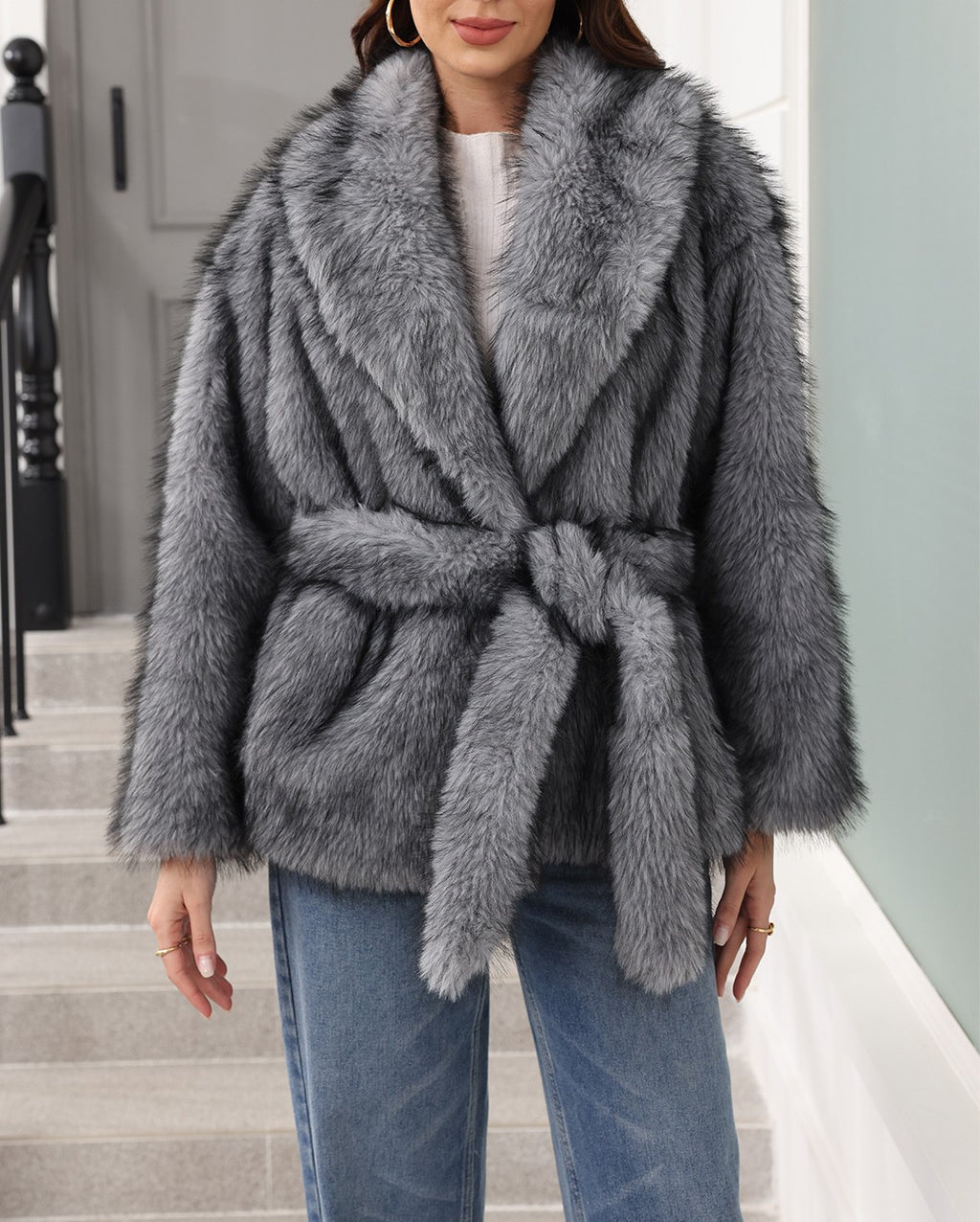 Belted Shawl Collar Faux Fur Coat - Grey - 1