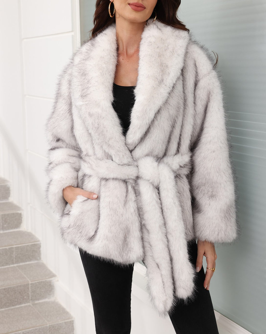 Belted Shawl Collar Faux Fur Coat - White