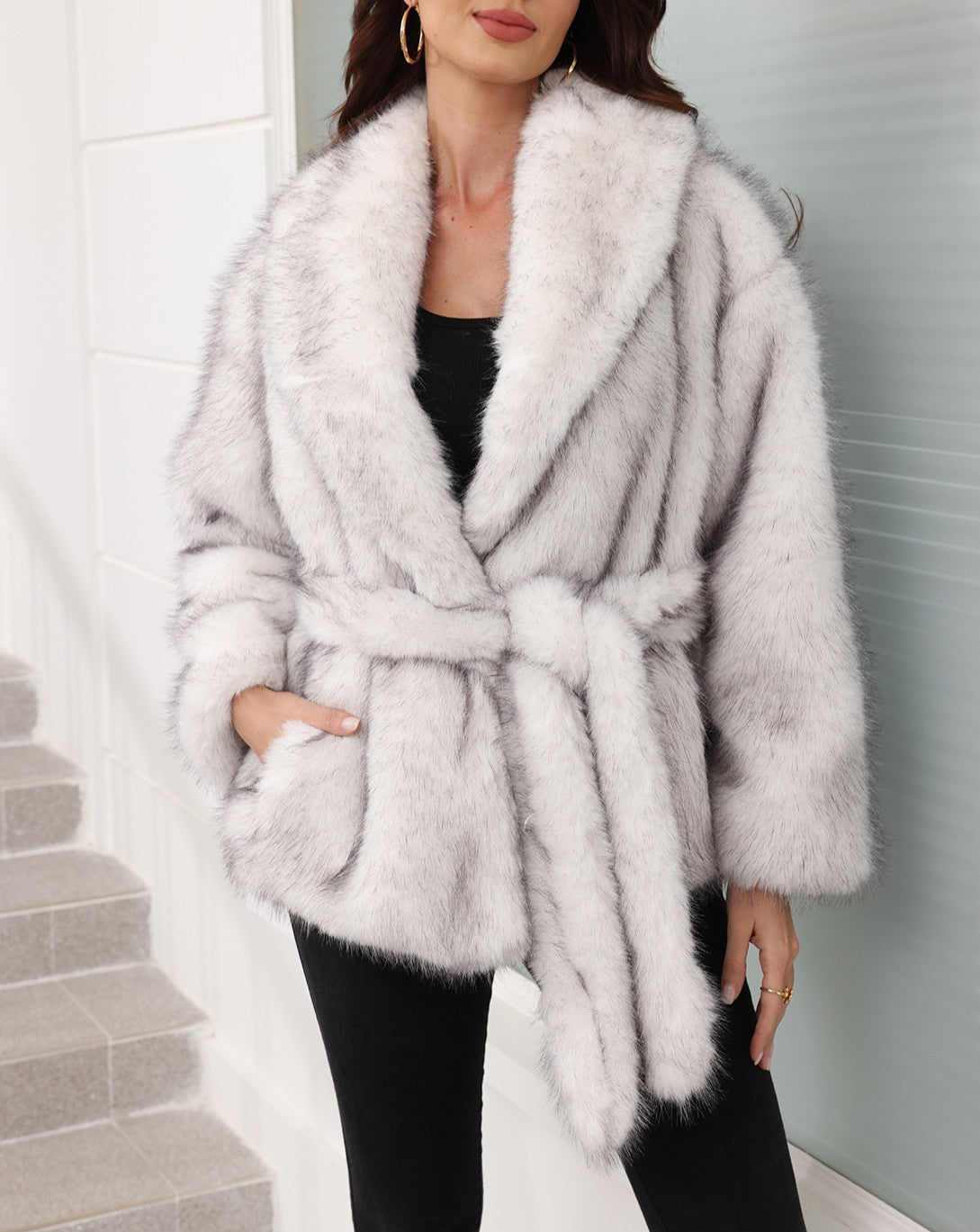 Belted Shawl Collar Faux Fur Coat - White