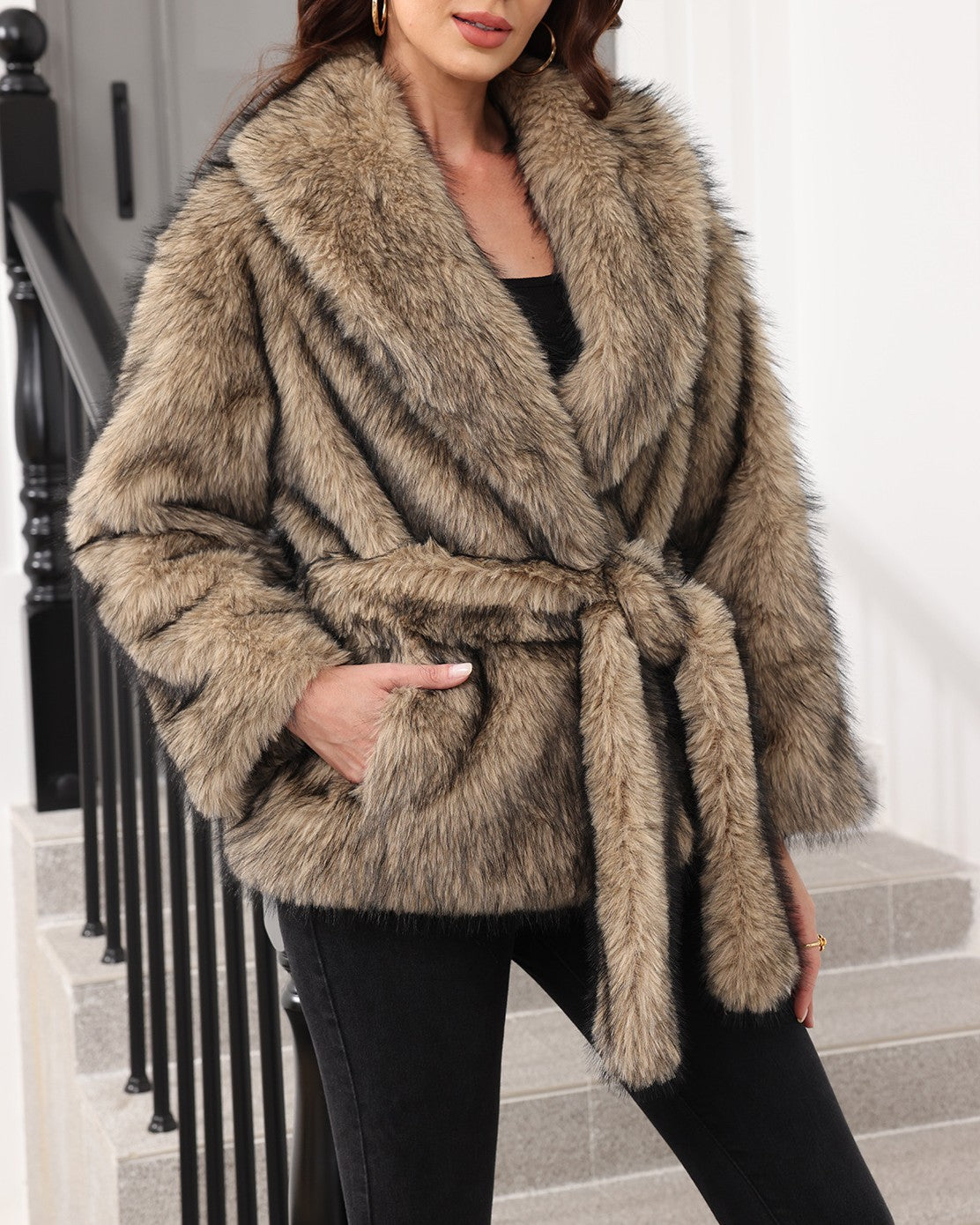 Belted Shawl Collar Faux Fur Coat