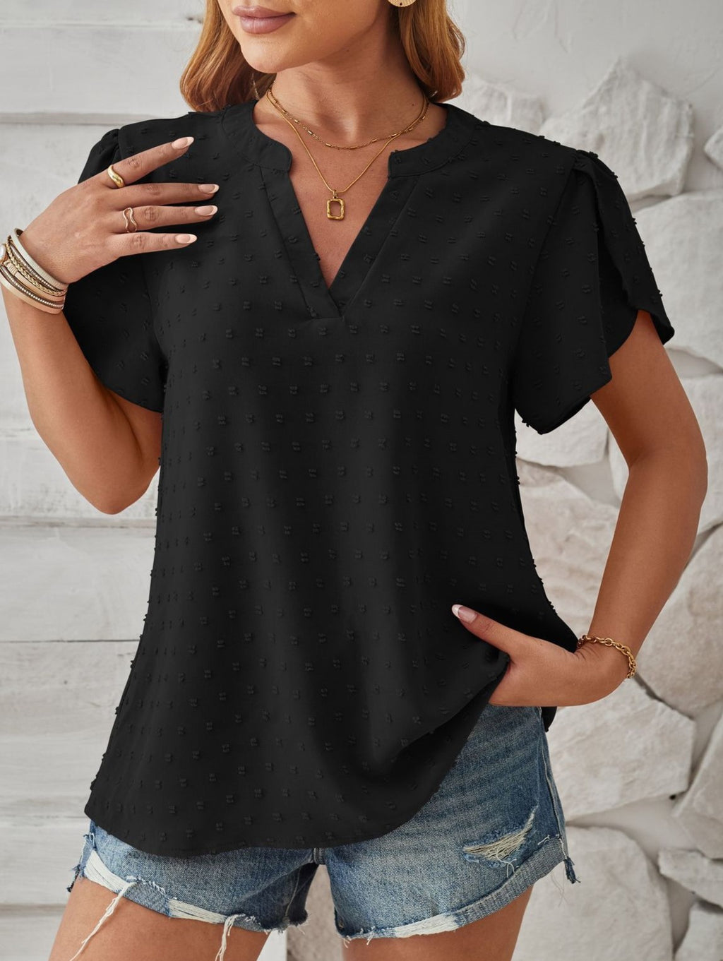 Pom Dot Notch Neck Petal Sleeve Top - Black - 1