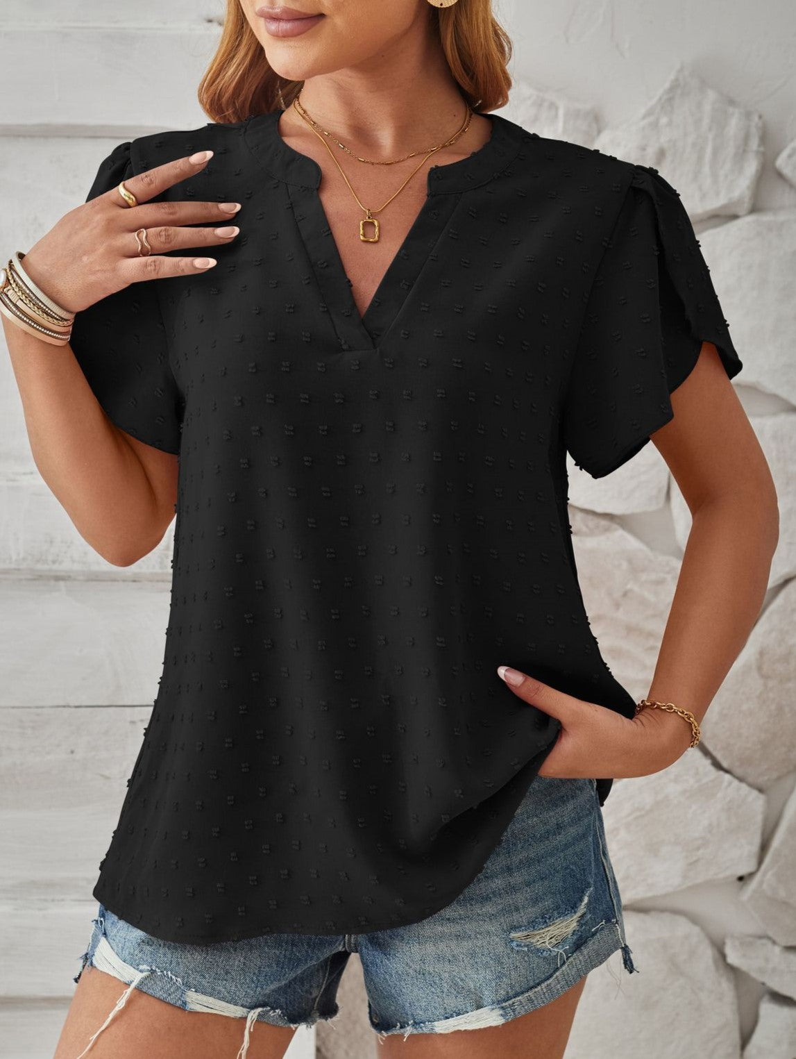Pom Dot Notch Neck Petal Sleeve Top - Black - 1
