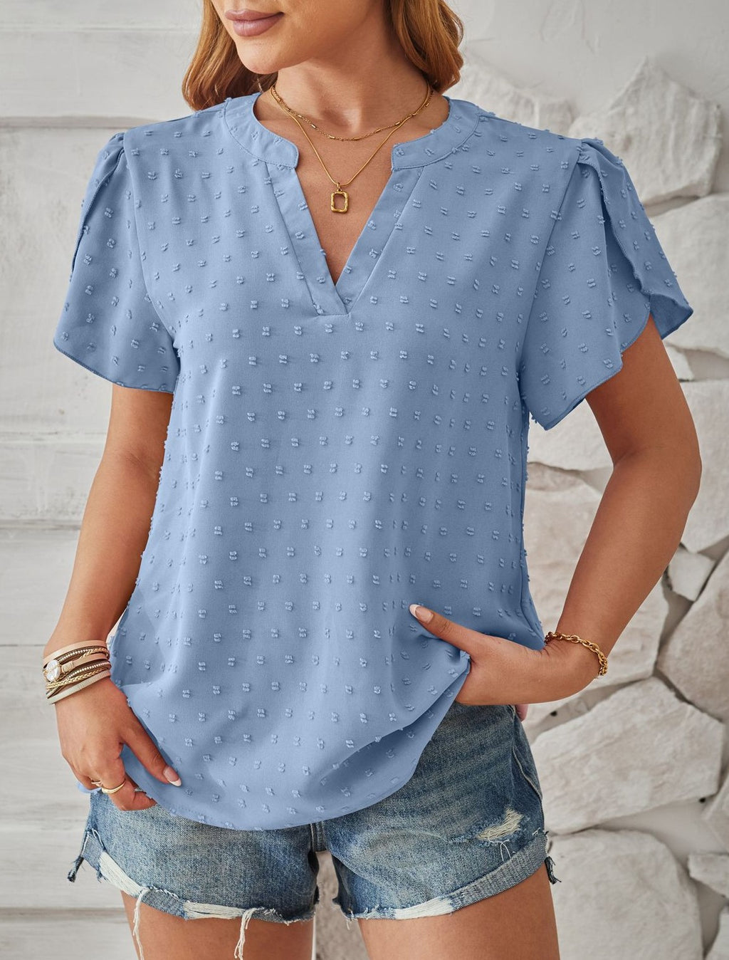 Pom Dot Notch Neck Petal Sleeve Top - Blue - 1