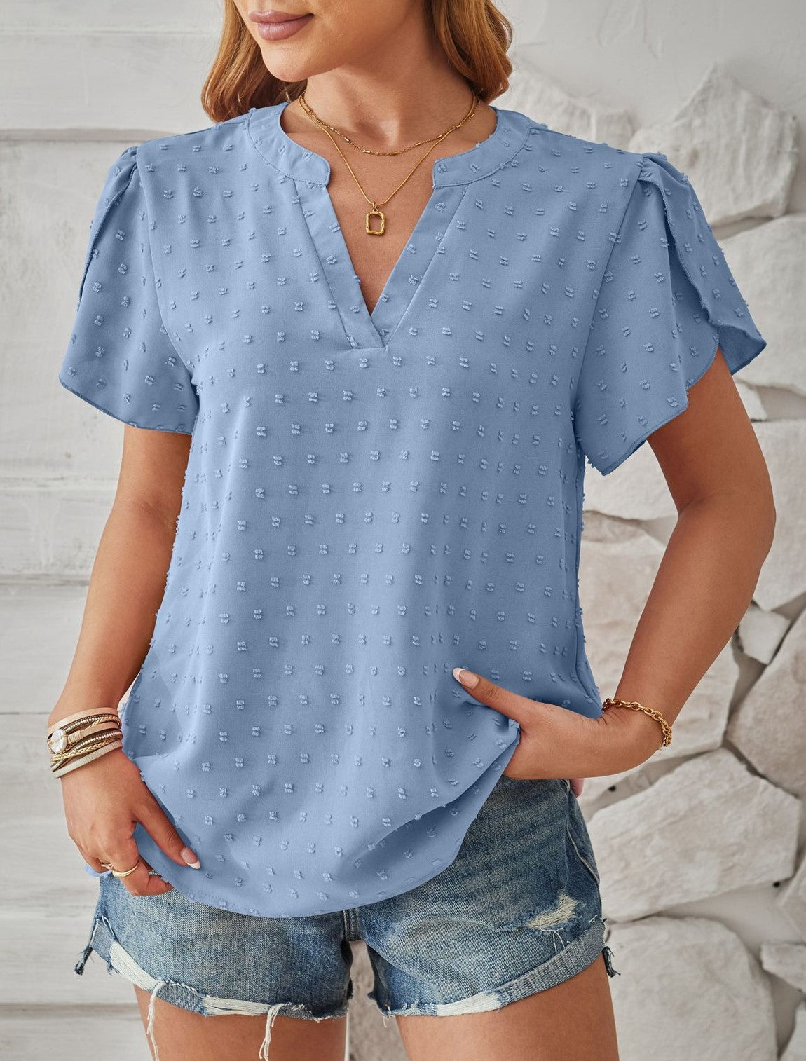Pom Dot Notch Neck Petal Sleeve Top - Blue - 1