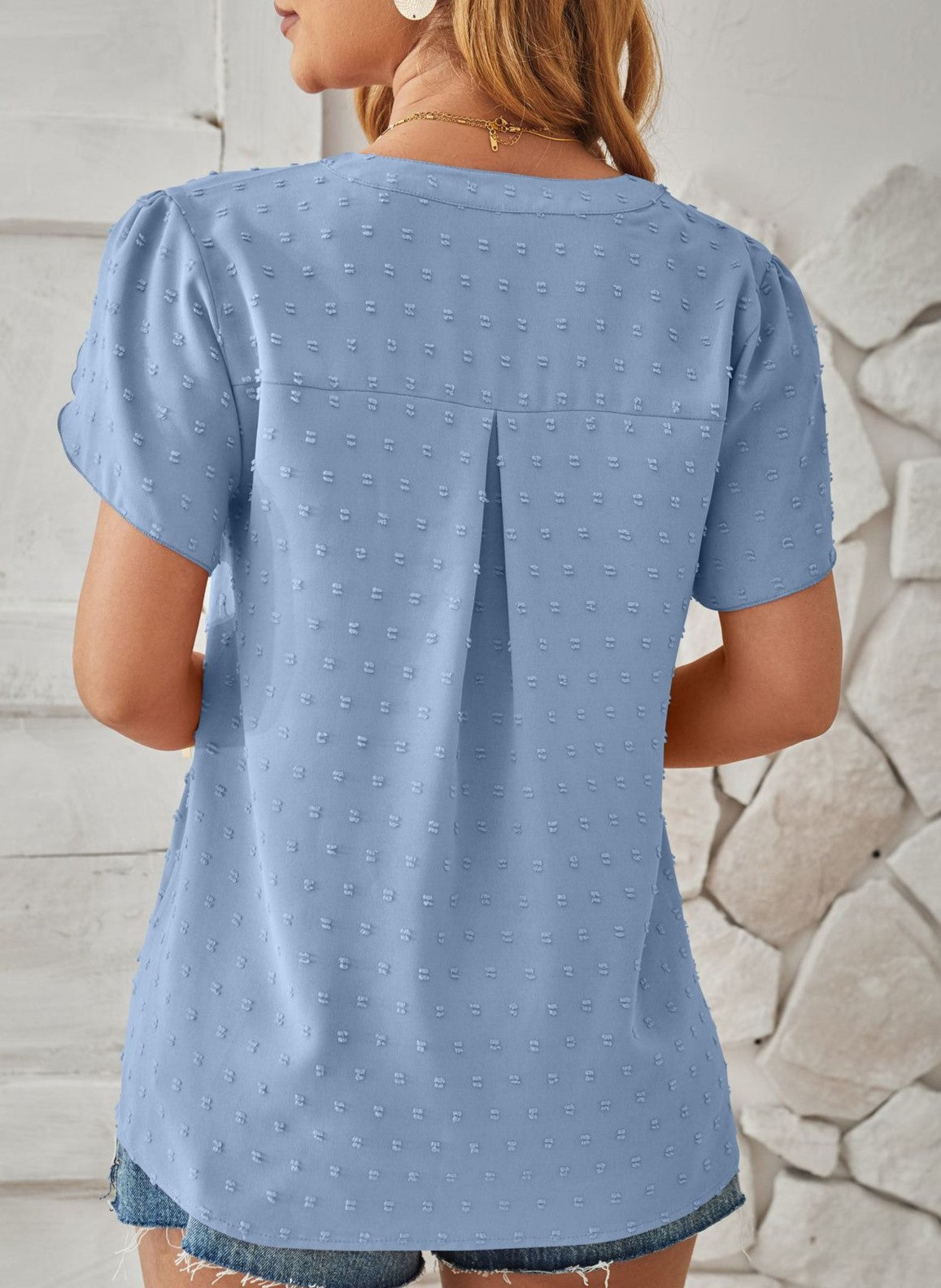 Pom Dot Notch Neck Petal Sleeve Top - Blue - 2